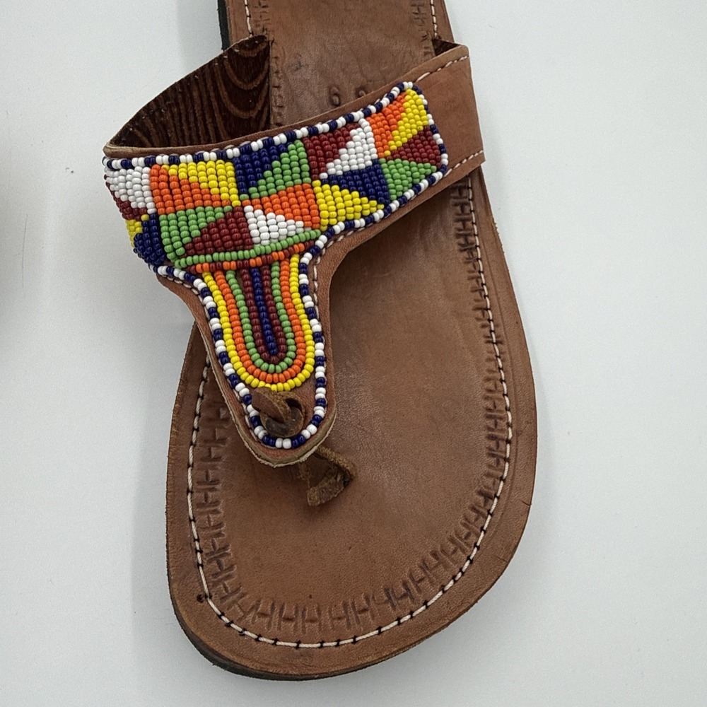 Handcrafted Multi-Color Beaded Leather Sandals Size 39 US 8 8.5 - Picture 3 of 5